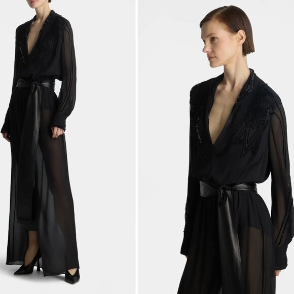 St. John Tonal Beaded Long Sleeve Silk Georgette Gown - Picture 2 of 12